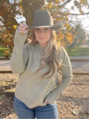 Active USA Olive Green Crewneck Sweater with Ribbed Sleeves
